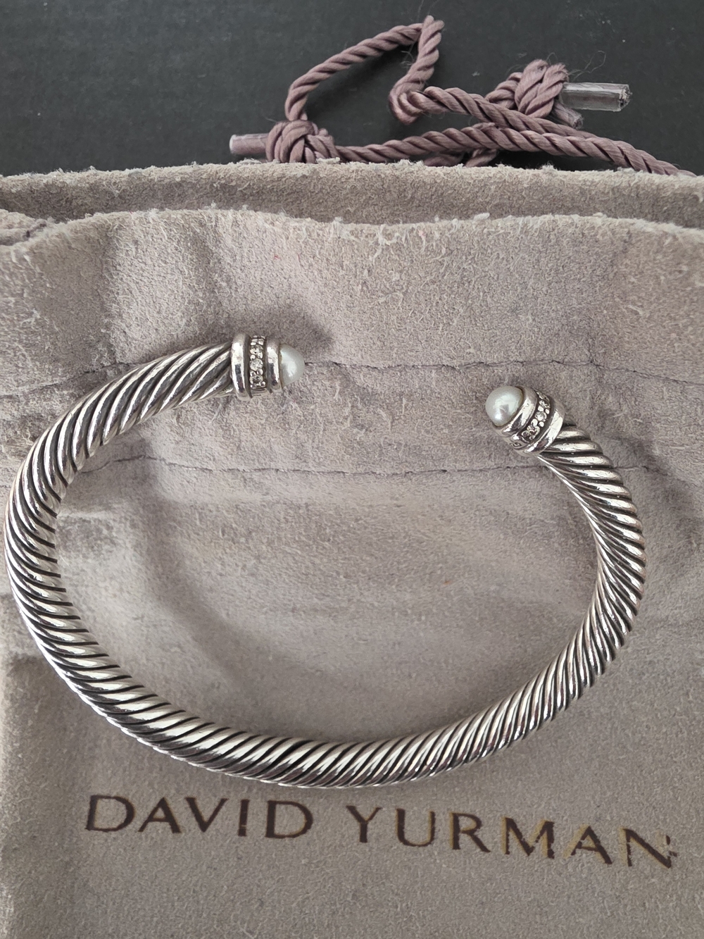 David Yurman Sterling Cable Cuff Bracelet in Silver with Diamond & Pearl Ends